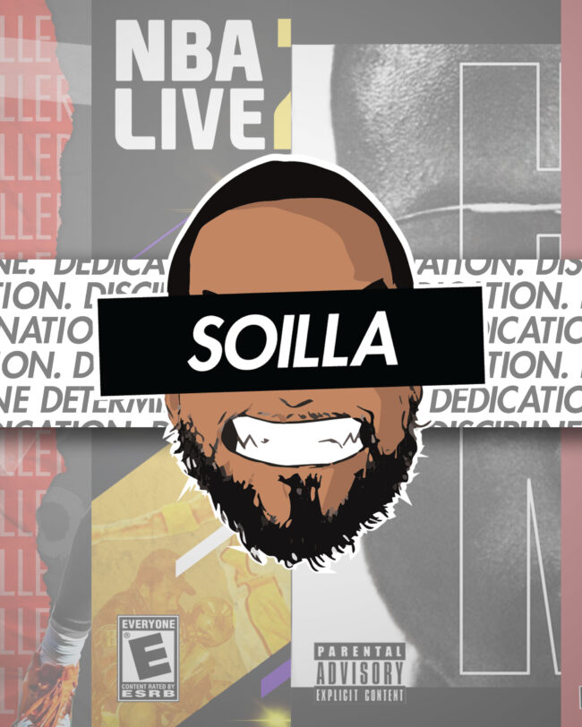 SOILLA Illustration by Ruben Illa, showing a stylized face with the name SOILLA over the eyes and a background collage of basketball and music themes.
